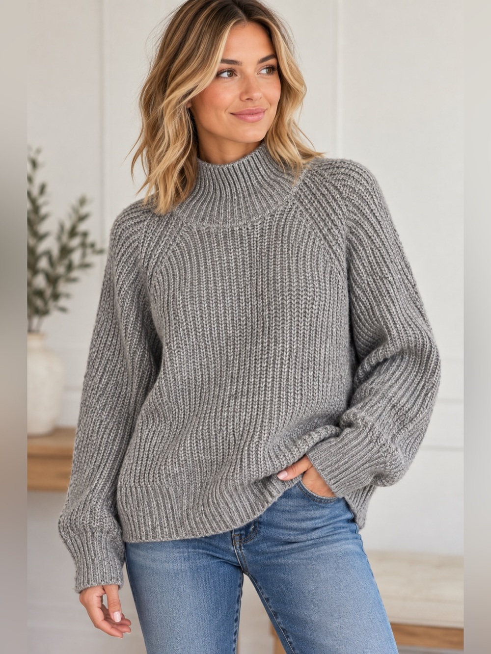 Abercrombie & Fitch Oversized Mock Neck Chunky Knit Sweater Gray S